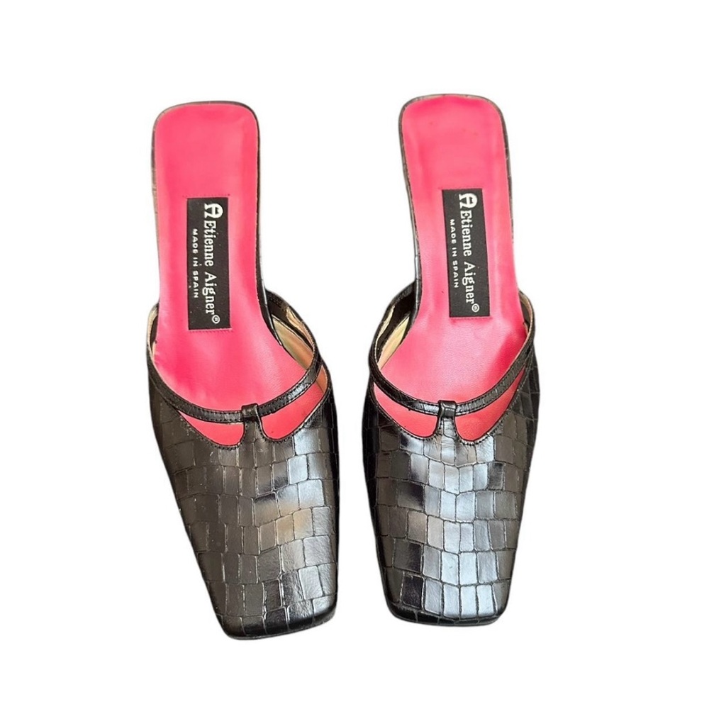 Etienne Aigner Black and Pink Mules with Square Toe